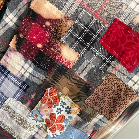 Upcycled Bleached Plaid Flannel with Red Denim Patchwork Animal Prints - Picture 5 of 8